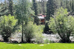 Eine Lodge, umgeben von dichtem Wald, mit erkennbarer Bebauung und einem Fluss im Hintergrund.