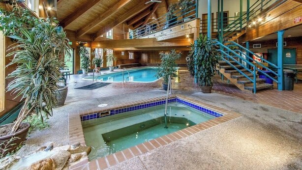 Piscina interior con jacuzzi, rodeada de plantas en macetas y vigas de madera.