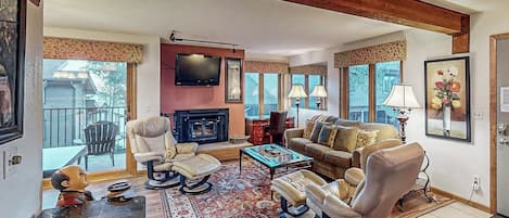TV, fireplace, books