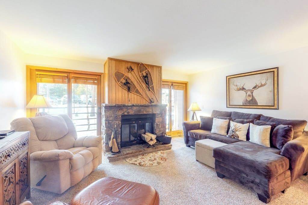 TV, fireplace, books