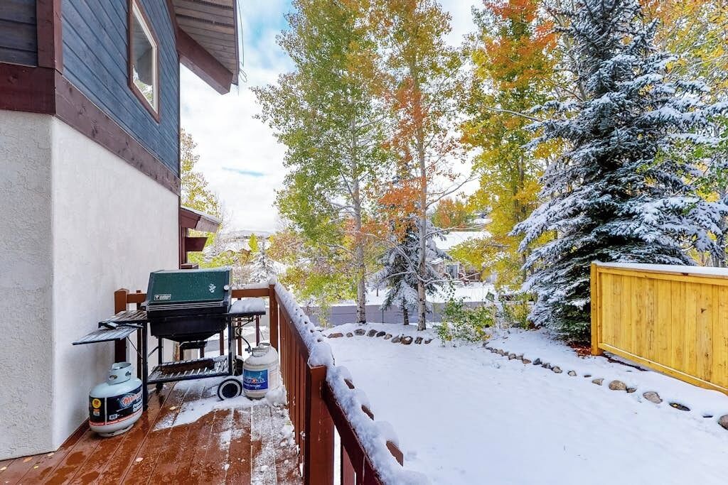 Une terrasse en bois équipée d’un barbecue et d’une bouteille de propane, entourée d’un paysage enneigé et d’arbres.