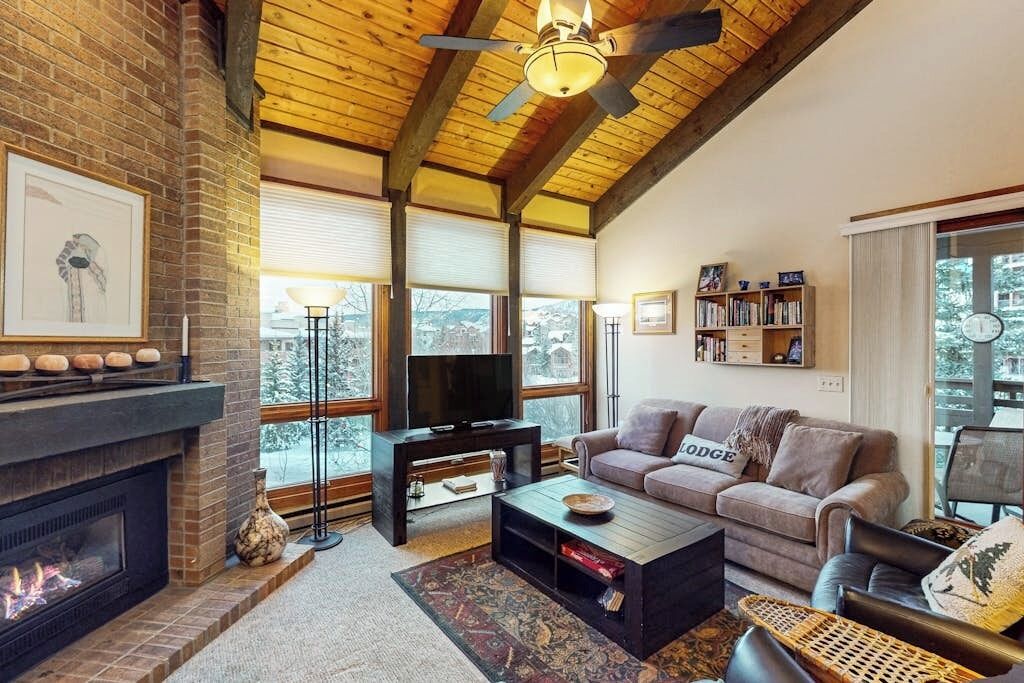 Televisión, chimenea, libros, estéreo