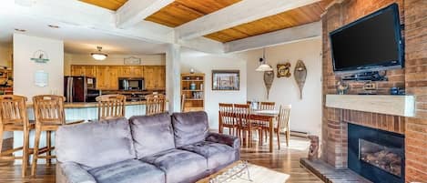 TV, fireplace, DVD player, books