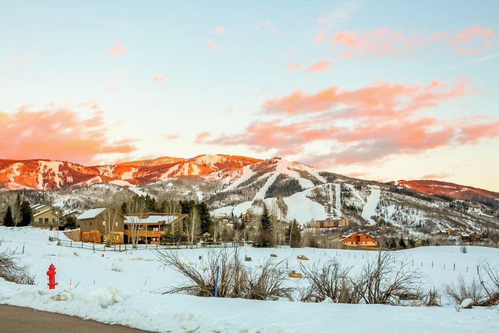 A snow-covered landscape with a mountain range, a red fire hydrant, and a building with a snow-covered roof.
