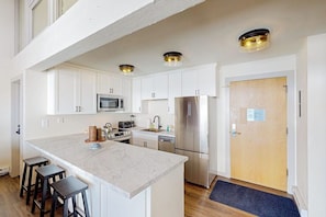 A modern kitchen with white cabinets, stainless steel appliances, and a marble island. - Remodeled condo with mountain views, balcony, & hot tub access (Steamboat Springs)