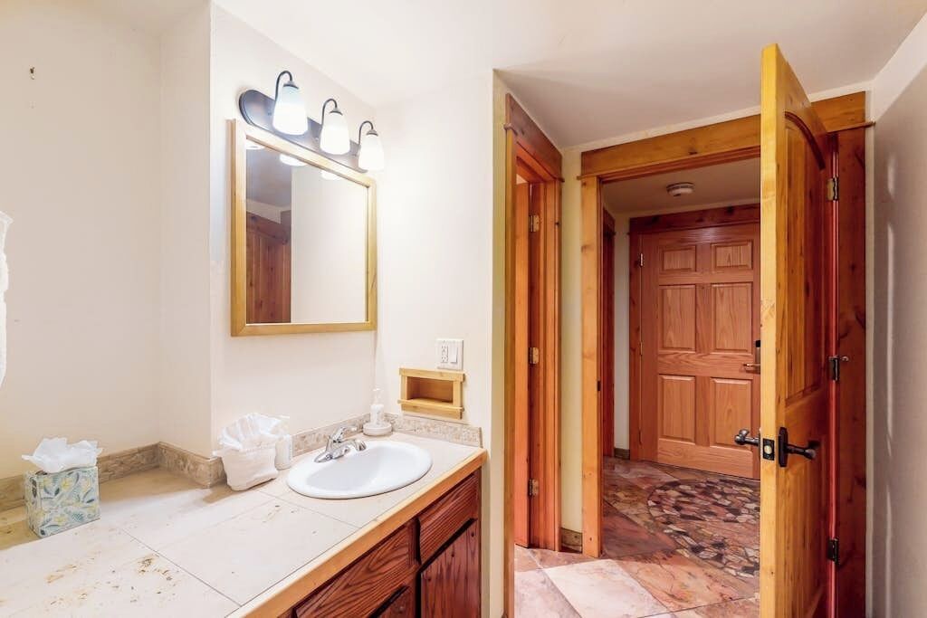A bathroom with a sink, mirror, and wooden door.