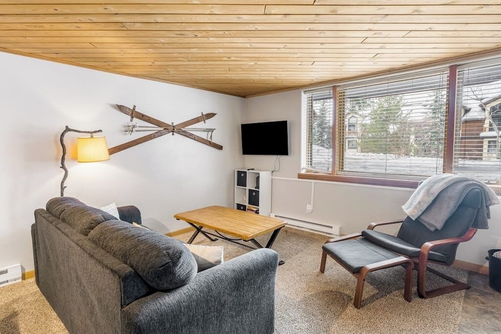 A cozy room with a sofa, a wooden table, a chair, a TV, and a window with blinds.