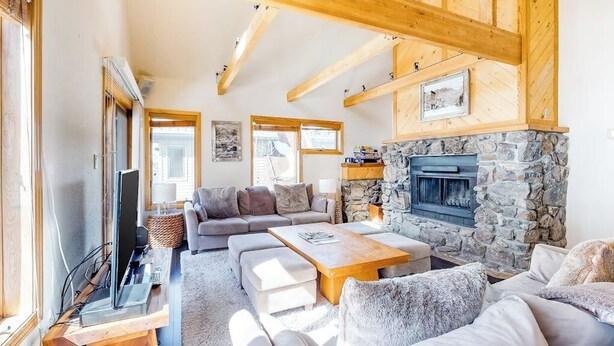 Un soggiorno con camino in pietra, una zona divani, un tavolino da caffè e una televisione.