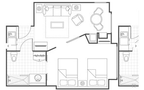 A floor plan of a hotel room with a bed, a desk, a chair, a sofa, a small table, a TV, and a bathroom with a toilet and sink.