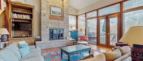 TV, fireplace, books