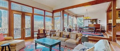 TV, fireplace, books