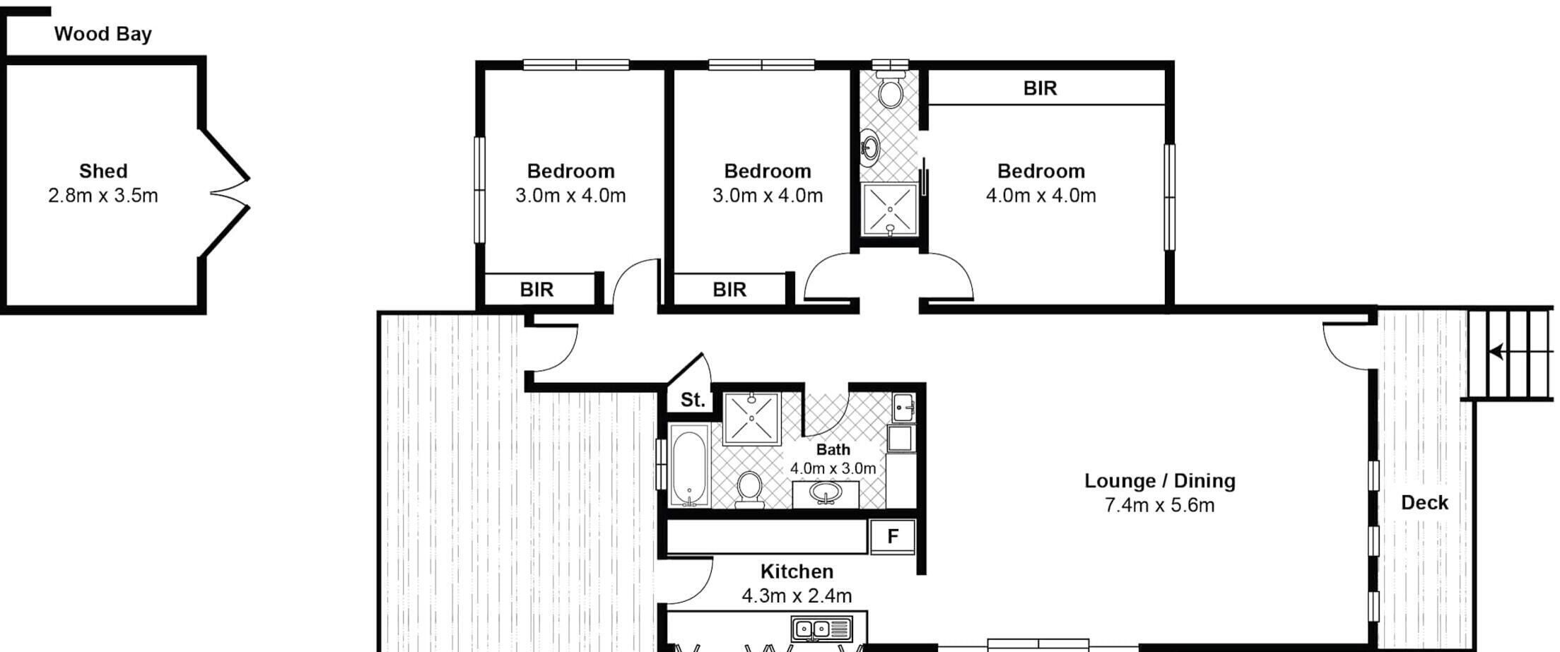 A floor plan with three bedrooms, a kitchen, a bathroom, a lounge/dining area, and a deck.