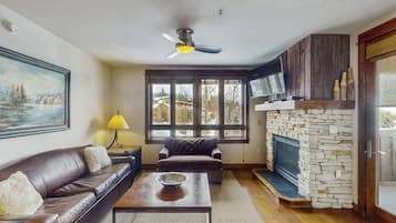 Televisión, chimenea, reproductor de DVD y tenis de mesa
