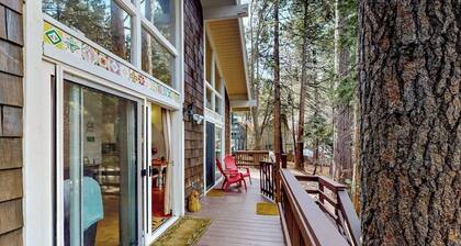 Dog-friendly cabin surrounded by trees and wildlife with fireplace & deck