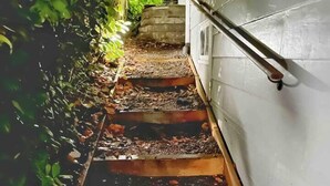 Un camí que condueix a un edifici amb barana metàl·lica, envoltat de vegetació.