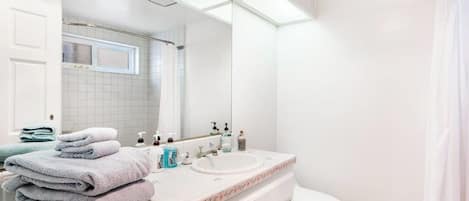Shower, hair dryer, towels