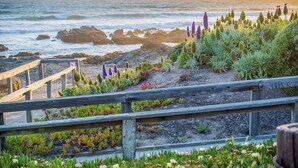 A coastal garden with a wooden fence, various plants, and a view of the ocean. - Panoramic Ocean and Sunset Views with EV Charging available (Cambria)