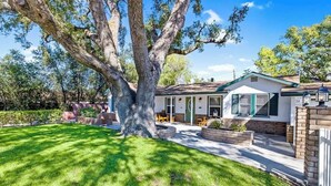Uma casa com uma árvore grande, um alpendre e um pequeno jardim.