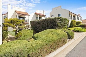 A residential area with modern houses, well-maintained hedges, and a clear sky.