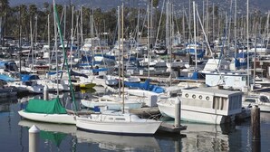 A marina with numerous boats docked, calm water, and a distant view of palm trees and buildings. - Cozy duplex with oceanview balcony - steps to the beach (Ventura)