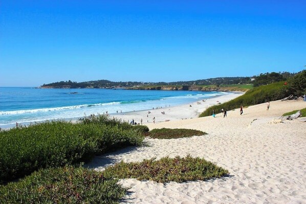 A beach with clear blue water, sandy shore, and greenery. - Surf-side monthly rental with ocean views, beach access & private hot tub (Carmel-by-the-Sea)