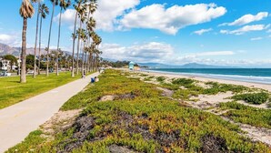 A coastal walkway lined with palm trees and seaweed, leading to a beach. - Old Yacht Club Inn All-Suite Getaway - 1 Block to East Beach, Walk Everywhere (Santa Barbara)