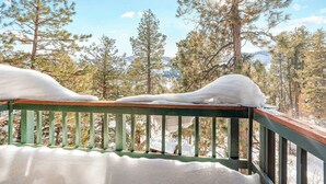 En snötäckt terrass med utsikt över tallar och berg.