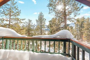Ein mit Schnee bedeckter Balkon mit Blick auf Kiefern und Berge.