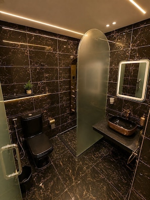 A modern bathroom with a glass partition, a toilet, a sink, and a mirror.