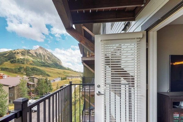 Un balcon avec vue sur la montagne, une porte avec des stores blancs et un meuble pour la télévision.