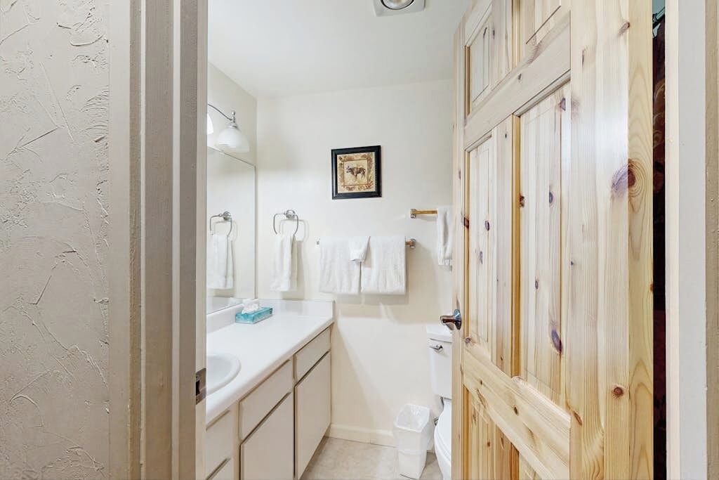 Un baño con puerta de madera, un lavabo blanco, un espejo y un cuadro enmarcado en la pared.