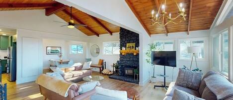 TV, fireplace, foosball