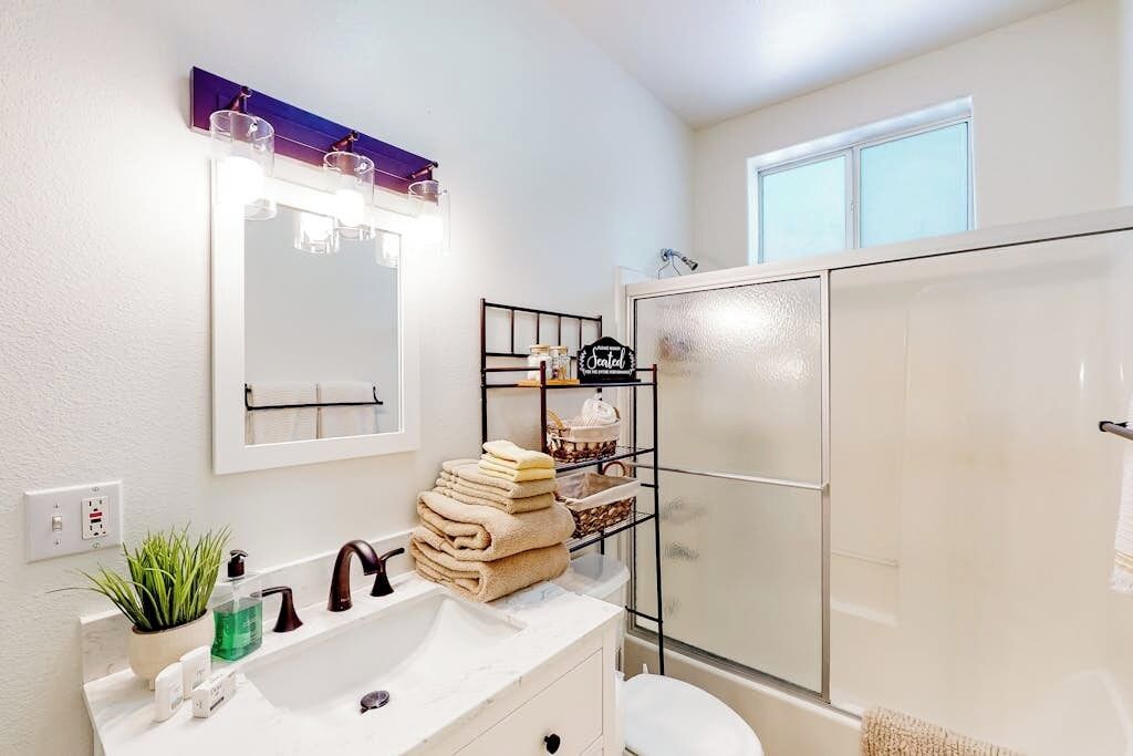 Shower, hair dryer, towels