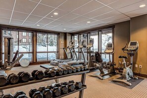 Ein Fitnessstudio mit Cardiogeräten, Hanteln und großen Fenstern.