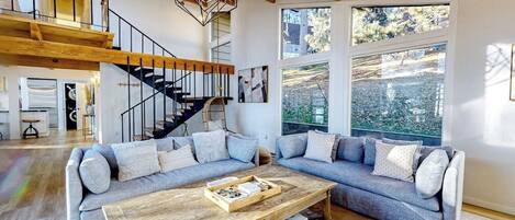TV, fireplace, books