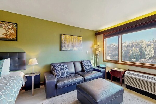 A modern hotel room with a large window, a sofa, a bed, and a nightstand. - Spacious studio with lovely view and access to shared pool and hot tub (Durango)