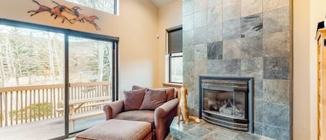 Televisión, chimenea, libros y estéreo