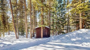A cabin in a snowy forest with tall trees and a clear path leading to it. - Wonderful Getaway Near Town & Slopes W/ Fast WiFi, Full Kitchen, Deck & More (Breckenridge)