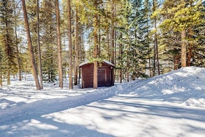 Eine Hütte in einem verschneiten Wald mit hoch aufragenden Bäumen und einem klaren Weg dorthin.
