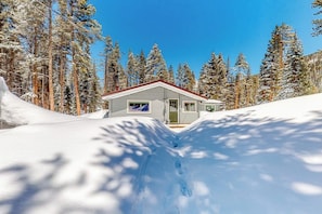 Eine verschneite Landschaft mit einem Haus, umgeben von hohen, mit Schnee beladenen Bäumen.