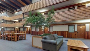 A multi-level indoor space with wooden flooring, a central seating area with a sofa and table, and a large tree. - 2nd-floor mountain-view condo with sauna, balcony, kitchen - walk to lifts (Crested Butte)