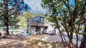 A modern two-story house with a sloped roof, large windows, and a front porch. - Dog-friendly townhome with mountain view, fireplace, patio, grill & W/D (Durango)