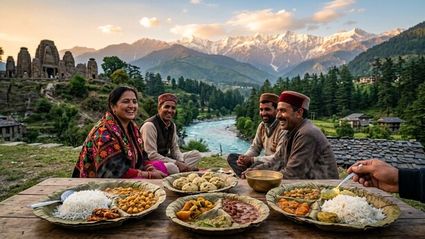 A group of people sitting at a table with various dishes in front of them, overlooking a mountainous landscape with a river and traditional buildings.