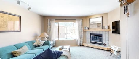 Televisión, chimenea y libros