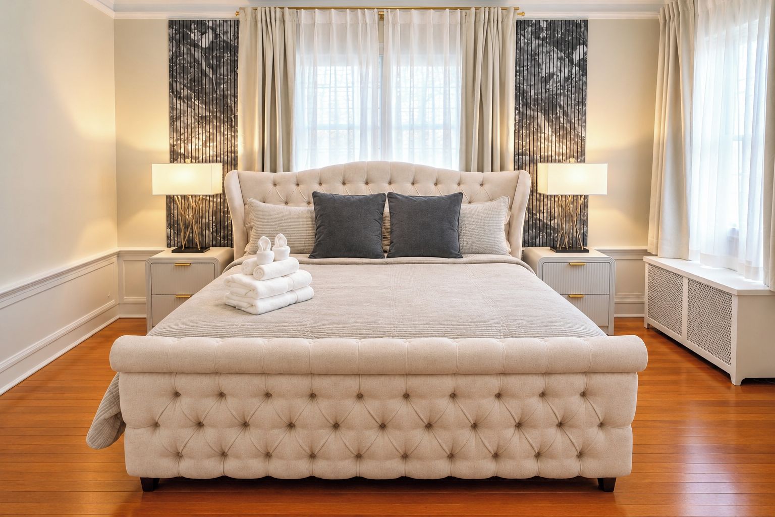 Een groot, getuft bed met een neutrale kleurenschema, geplaatst tussen twee nachtkastjes met lampen, in een kamer met houten vloeren en een groot raam met dunne gordijnen.