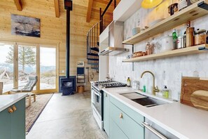 A modern kitchen with a stove, sink, and wooden shelves. - Modern off grid cabin with stocked kitchen & private mountain view- dog friendly (Tabernash)