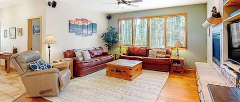 TV, fireplace, DVD player, books