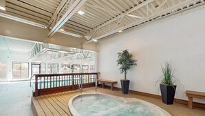 Un área de hidromasaje con un muelle de madera, una piscina y plantas en macetas.