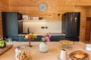 Een koelkast, een oven, een kookplaat, een vaatwasser