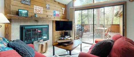 TV, fireplace, DVD player, books